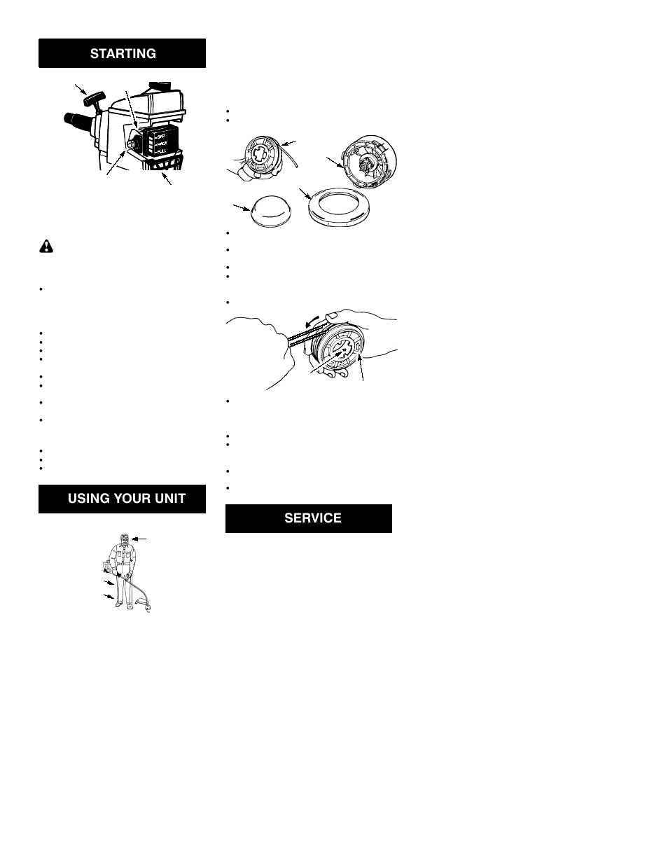 Starting, Using your unit, Service | Poulan 530085854 User Manual | Page 4 / 6