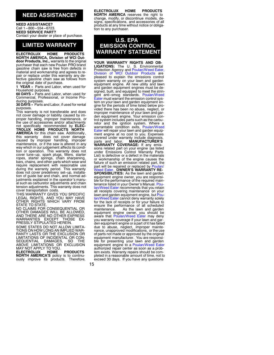 Need assistance, Limited warranty, U.s. epa emission control warranty statement | Poulan 1950 User Manual | Page 15 / 16