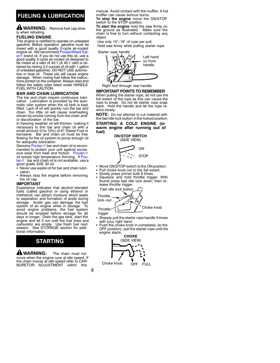 Starting, Fueling & lubrication | Poulan 1950 User Manual | Page 8 / 16