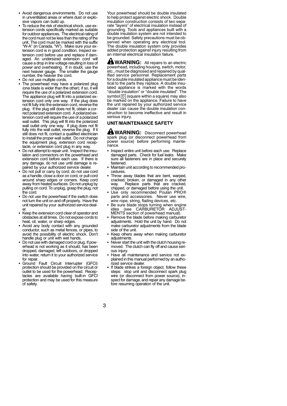 Warning | Poulan PPB1000E User Manual | Page 3 / 9