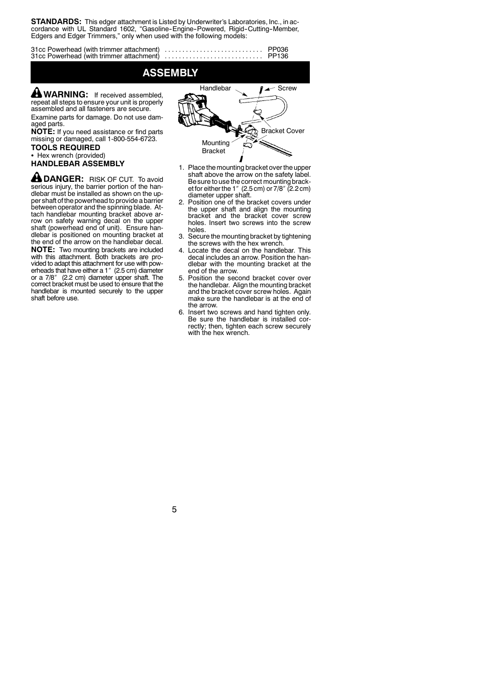 Assembly, Warning, Danger | Poulan PPB1000E User Manual | Page 5 / 9