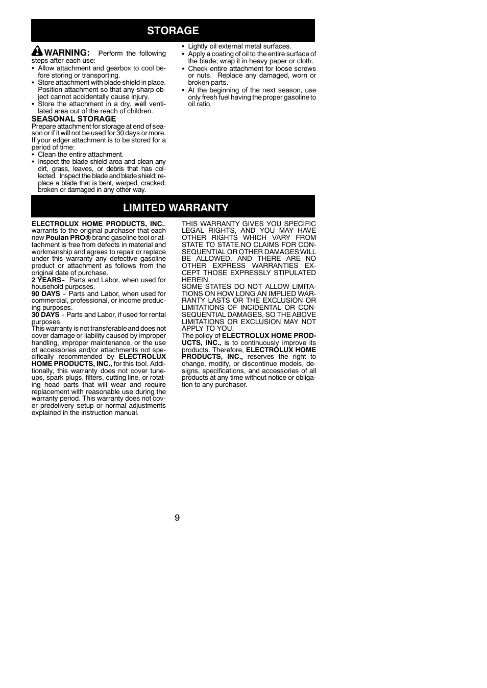 Storage, Limited warranty, Warning | Poulan PPB1000E User Manual | Page 9 / 9