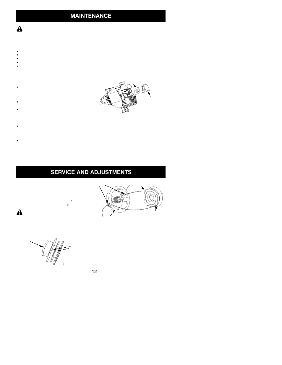 Maintenance, Service and adjustments | Poulan PP135 User Manual | Page 12 / 16