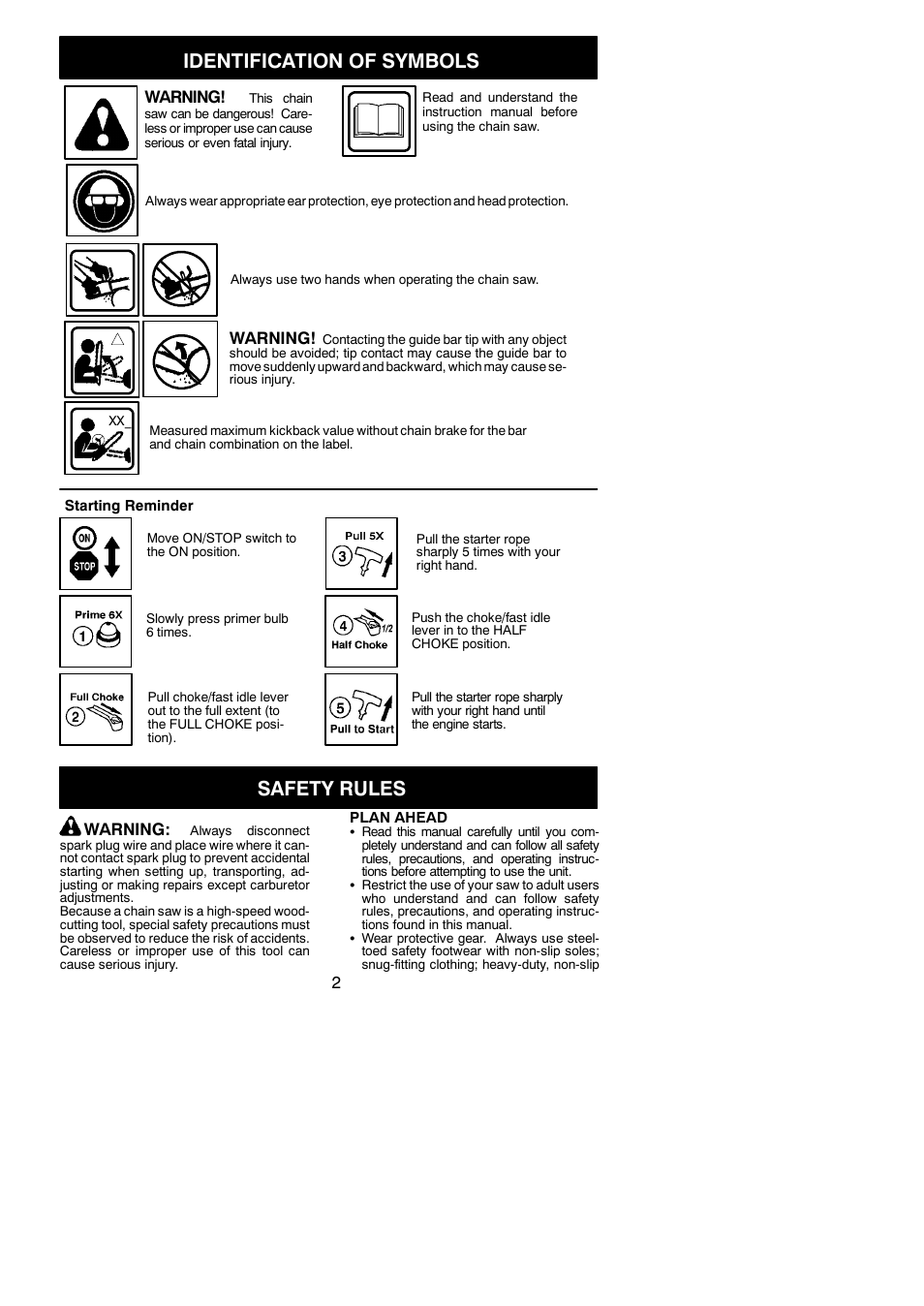 Identification of symbols, Safety rules, Warning | Poulan PPB3416 User Manual | Page 2 / 19