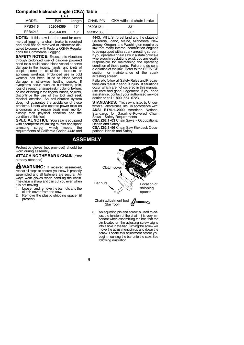 Assembly, 6computed kickback angle (cka) table, Warning | Poulan PPB3416 User Manual | Page 6 / 19
