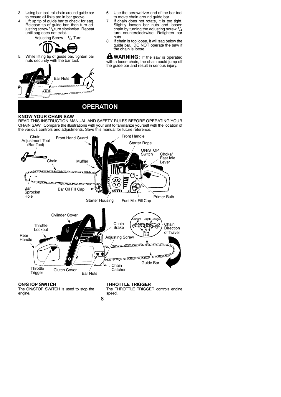 Operation, Warning | Poulan PPB3416 User Manual | Page 8 / 19