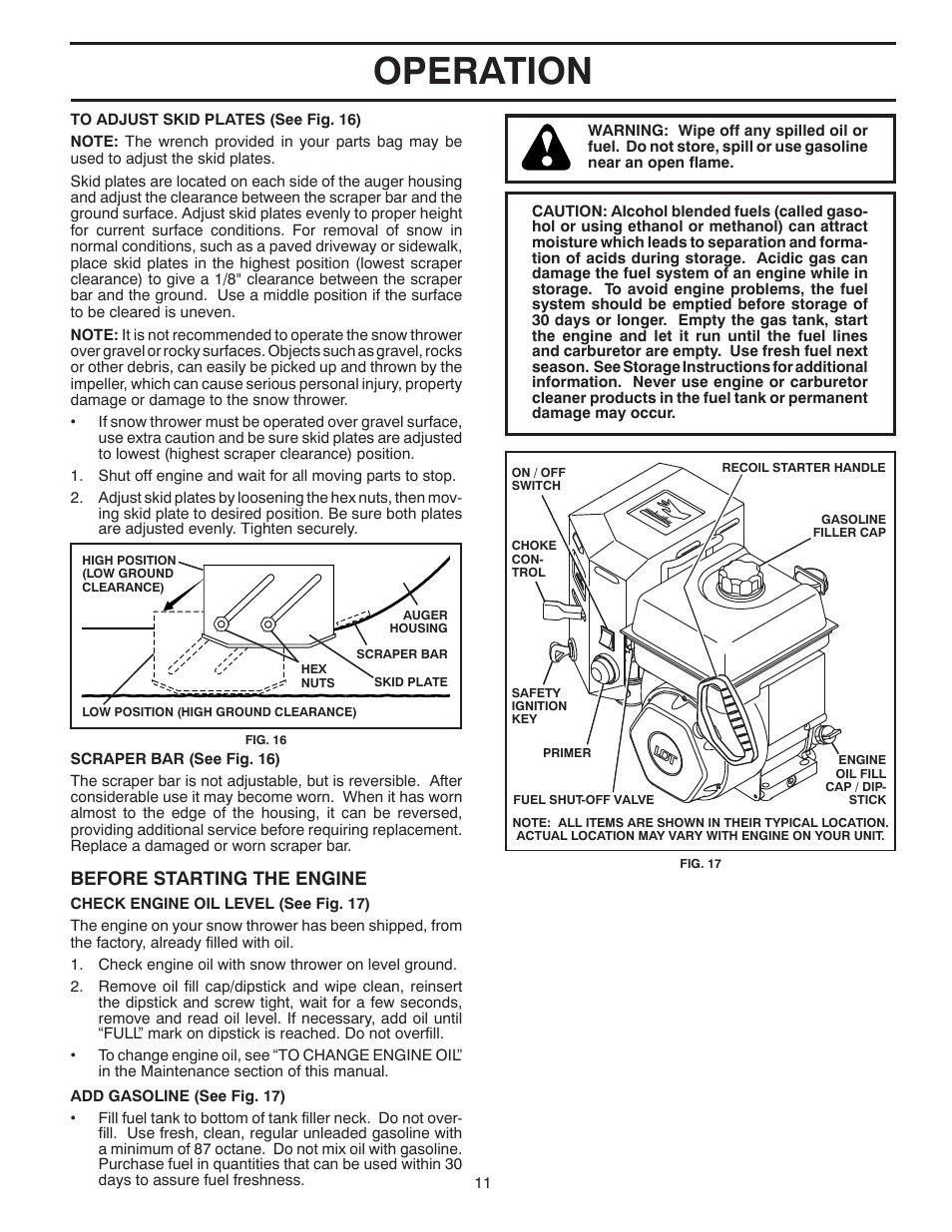 Operation, Before starting the engine | Poulan Pro PR6R24 SNOW THROWER User Manual | Page 11 / 40