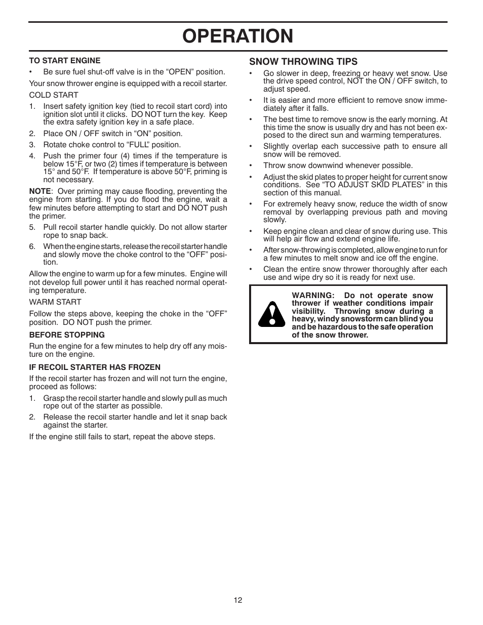 Operation | Poulan Pro PR6R24 SNOW THROWER User Manual | Page 12 / 40