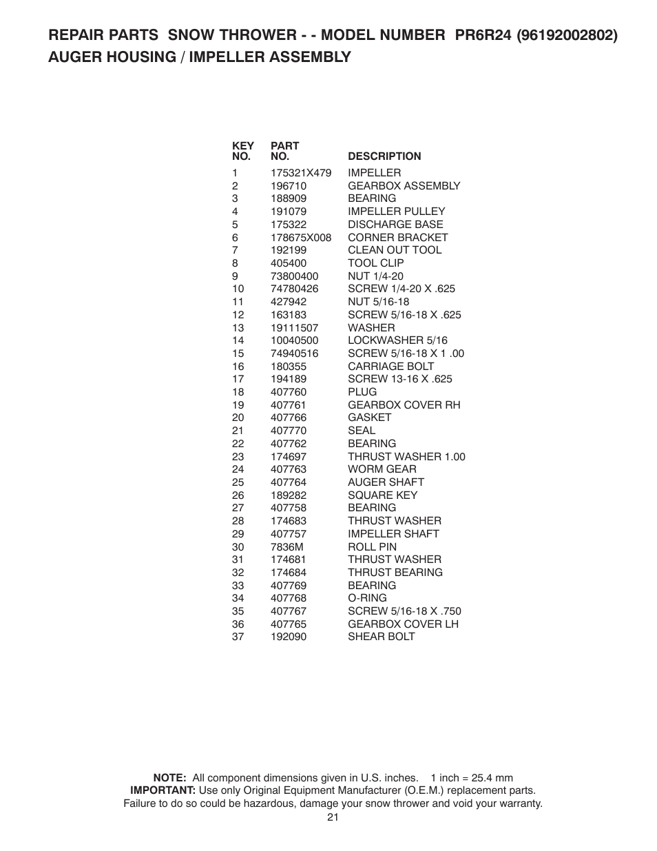 Poulan Pro PR6R24 SNOW THROWER User Manual | Page 21 / 40