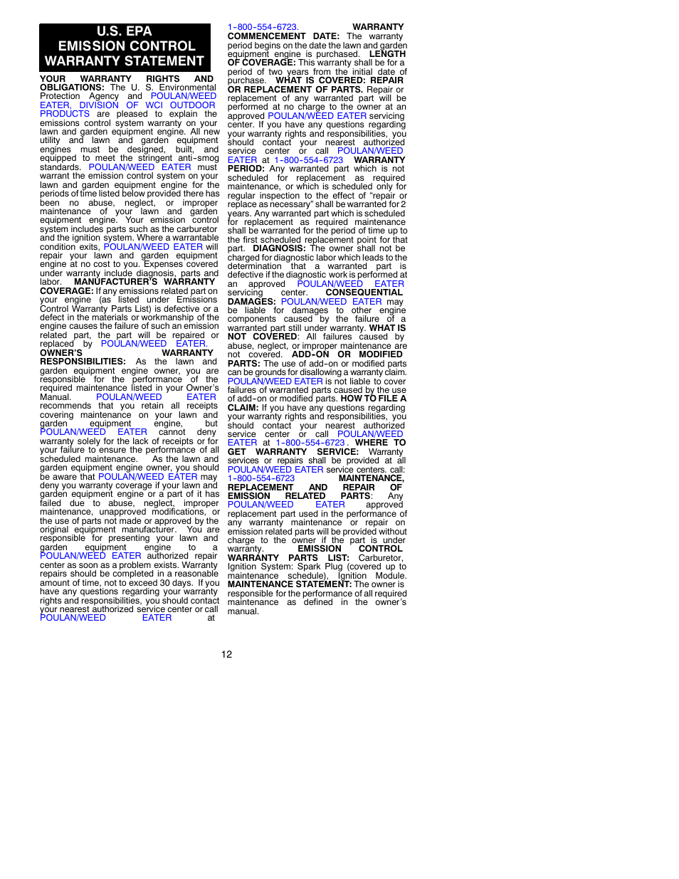 U.s. epa emission control warranty statement | Poulan 530088777 User Manual | Page 12 / 12