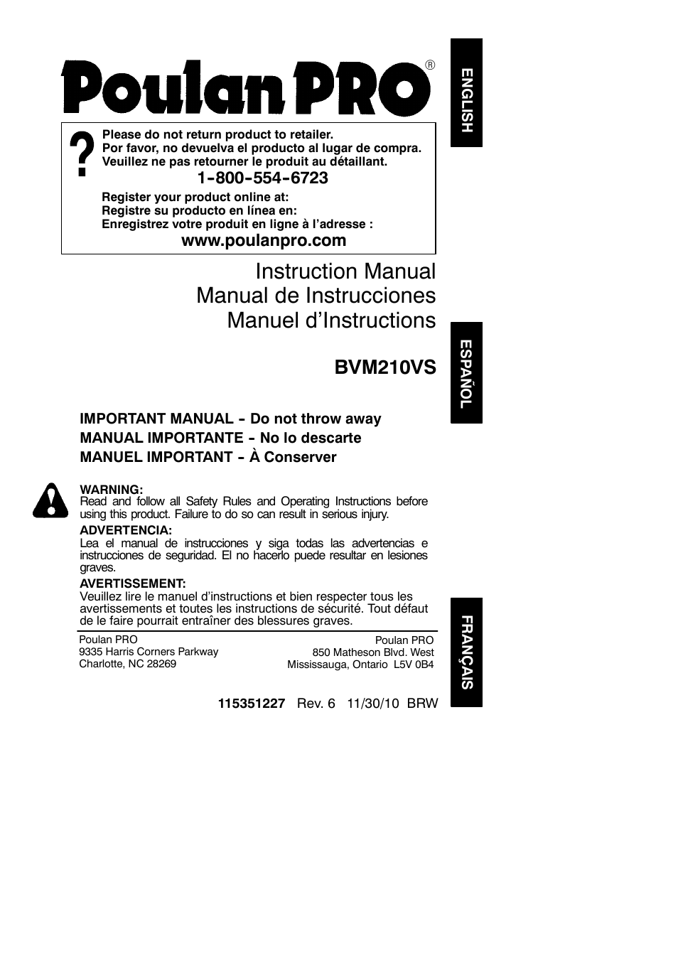 Poulan Pro BVM210VS User Manual | 14 pages