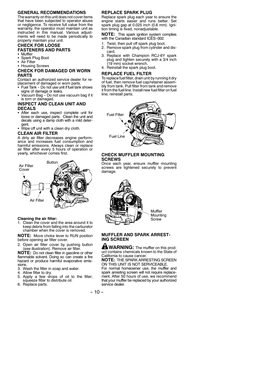 Warning | Poulan Pro BVM210VS User Manual | Page 10 / 14