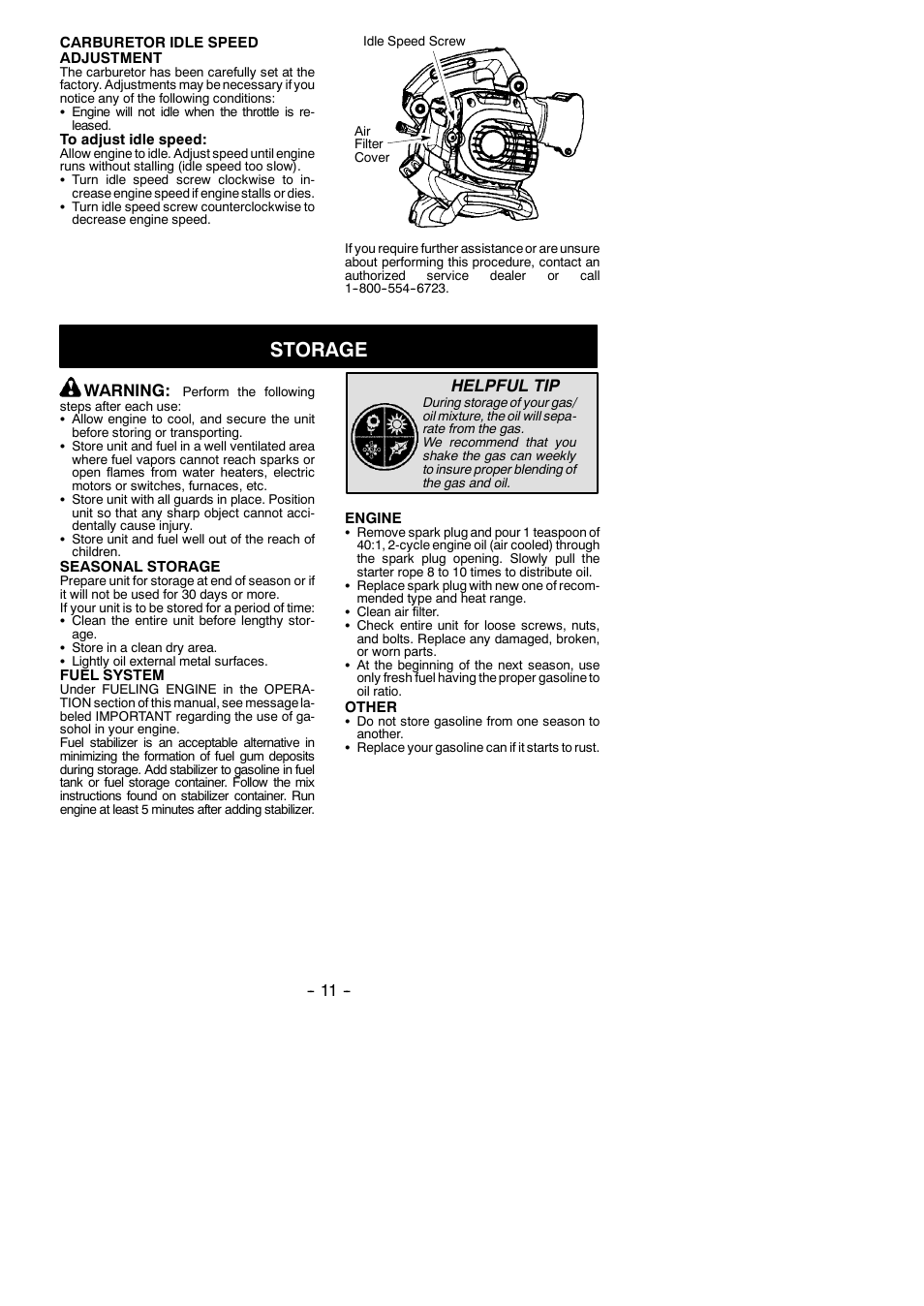 Storage, Warning, Helpful tip | Poulan Pro BVM210VS User Manual | Page 11 / 14