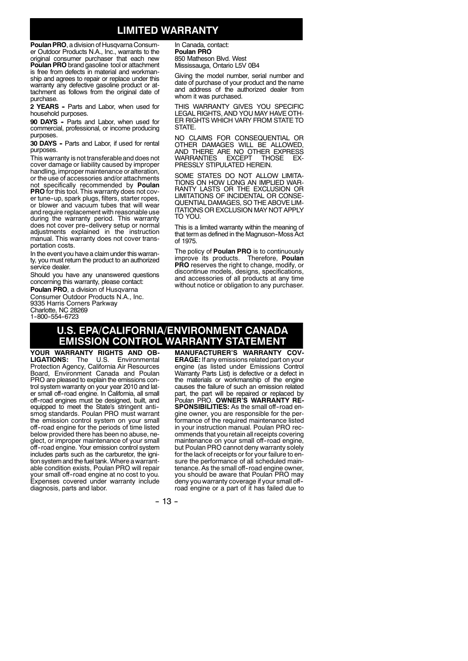 Limited warranty, Emission control warranty statement | Poulan Pro BVM210VS User Manual | Page 13 / 14