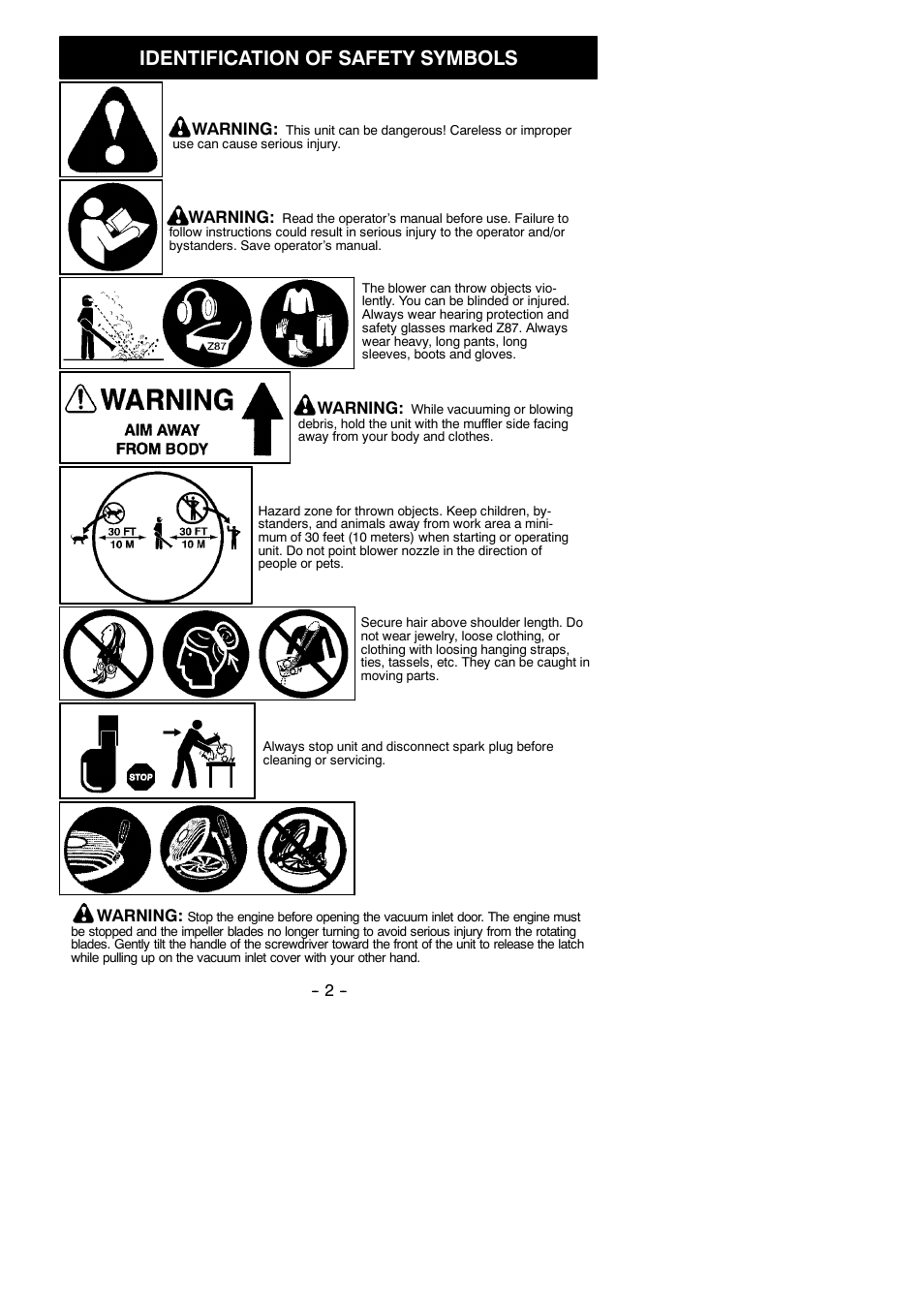 Safety symbols, Identification of safety symbols | Poulan Pro BVM210VS User Manual | Page 2 / 14