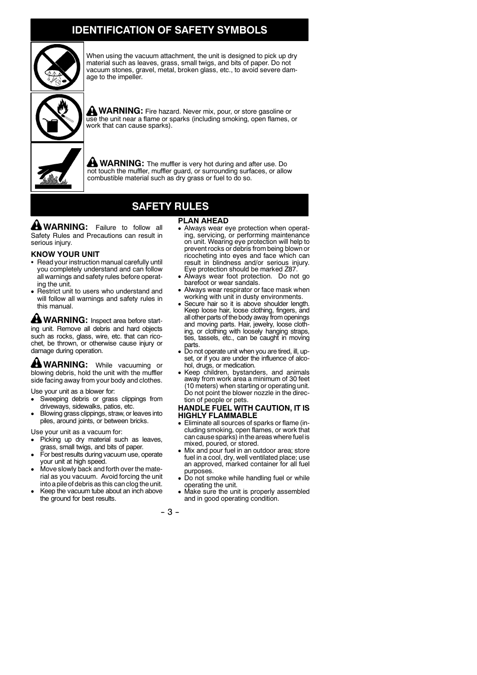 Safety rules, Identification of safety symbols, Warning | Poulan Pro BVM210VS User Manual | Page 3 / 14