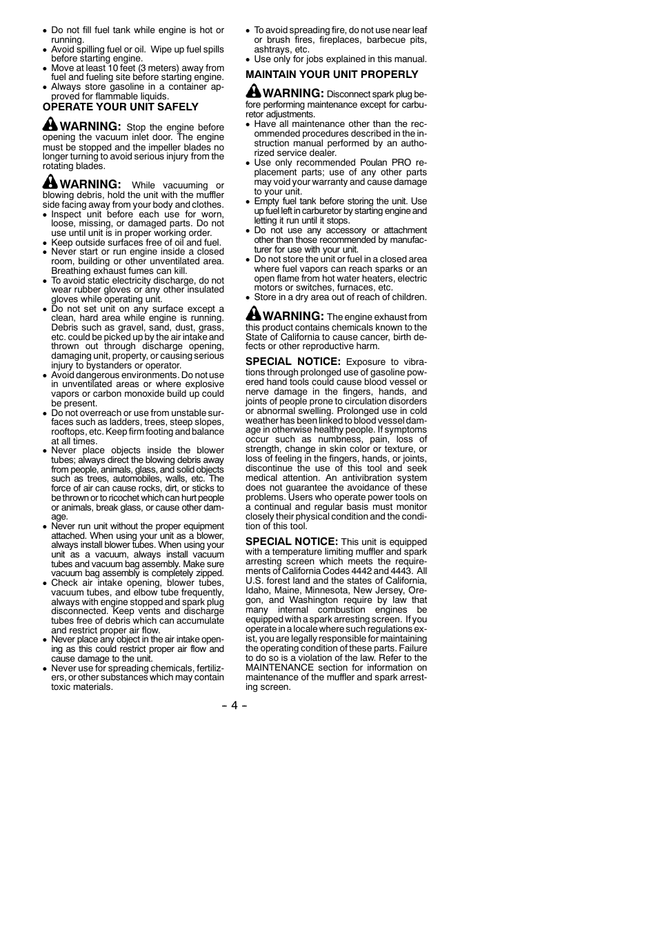 Warning | Poulan Pro BVM210VS User Manual | Page 4 / 14