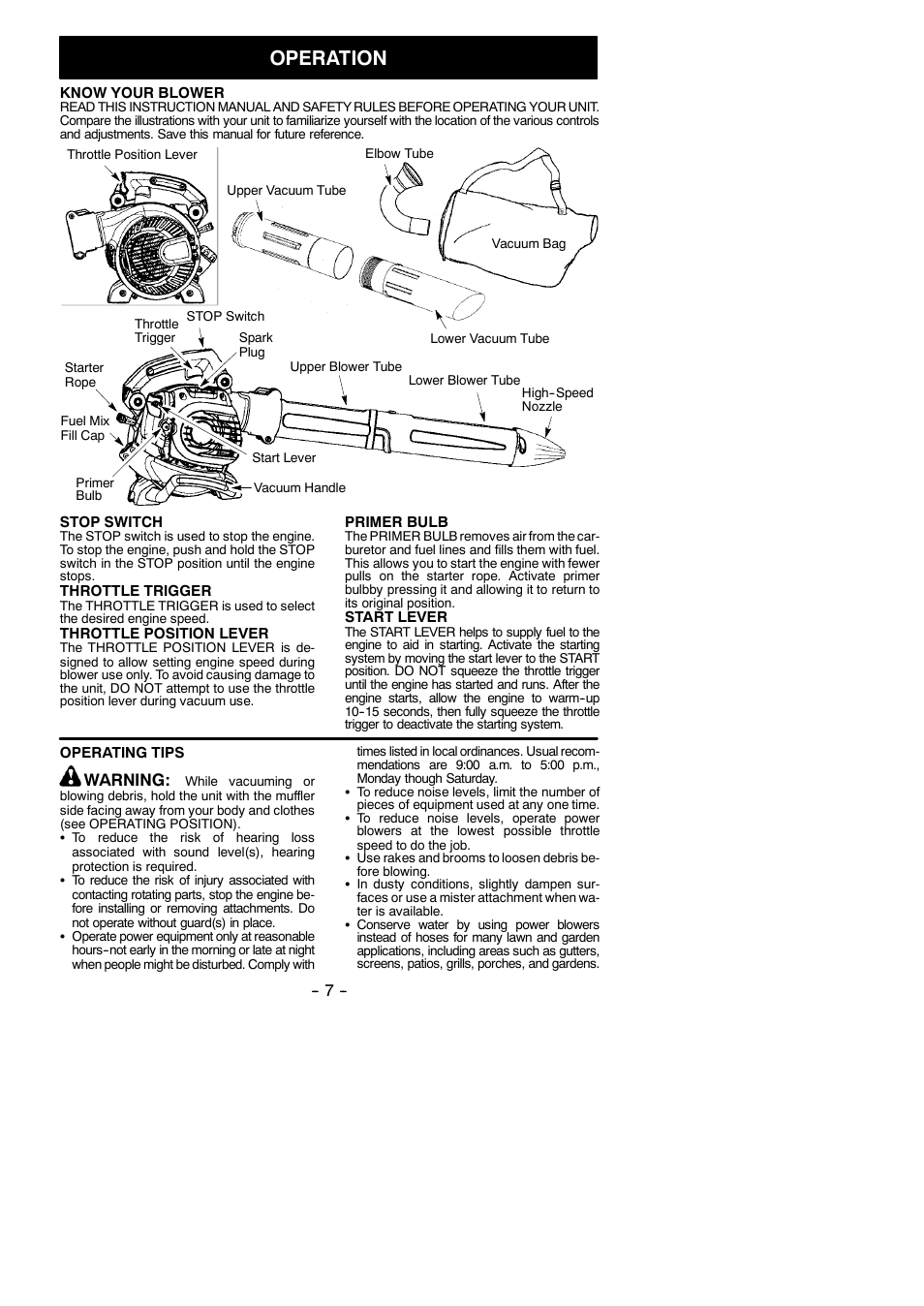 Operation, Warning | Poulan Pro BVM210VS User Manual | Page 7 / 14