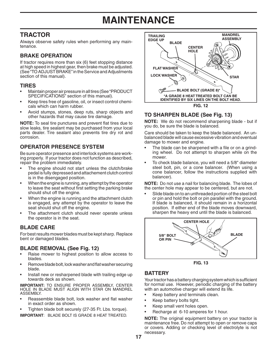 Maintenance, Tractor | Poulan 184581 User Manual | Page 17 / 48