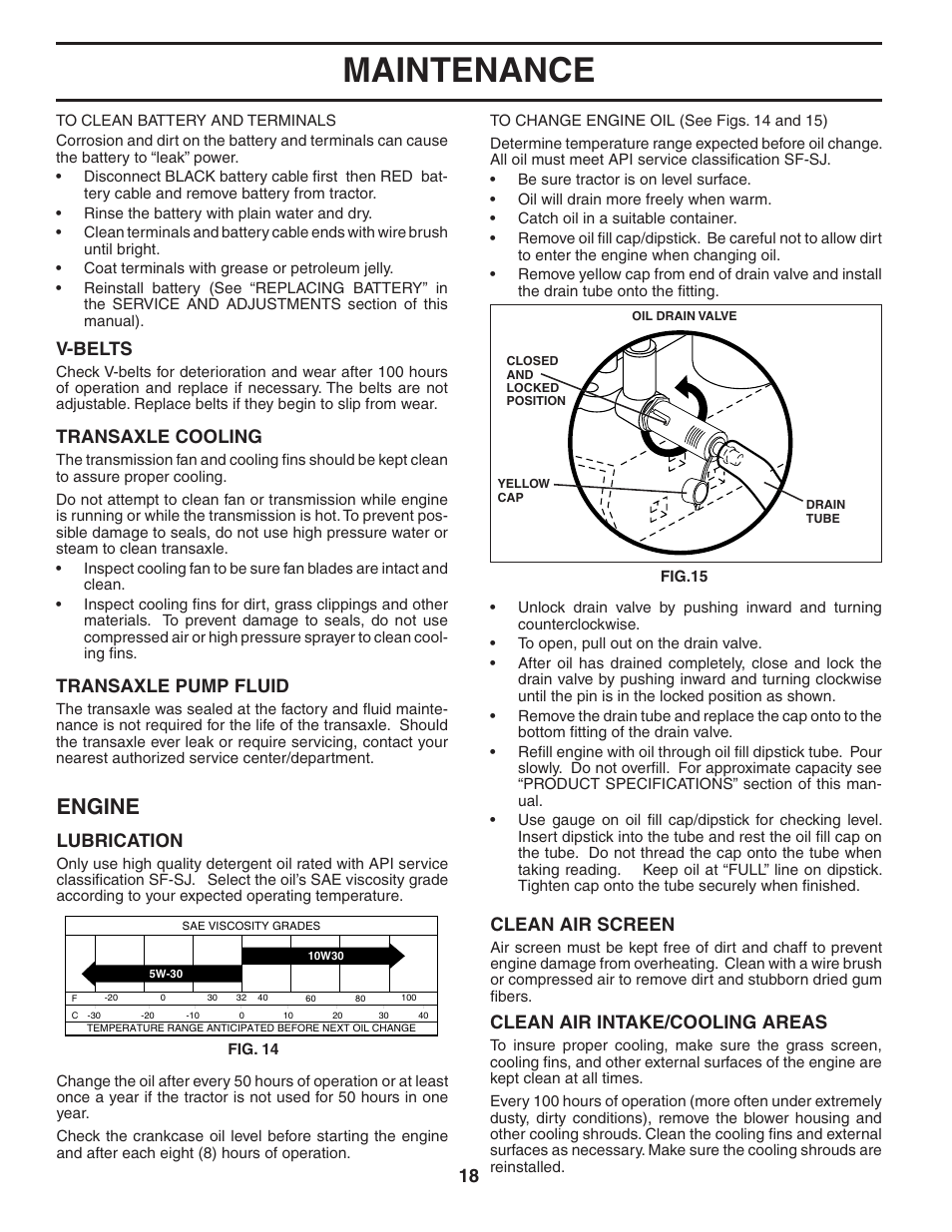 Maintenance, Engine, 18 clean air intake/cooling areas | Clean air screen, V-belts, Transaxle cooling, Transaxle pump fluid, Lubrication | Poulan 184581 User Manual | Page 18 / 48