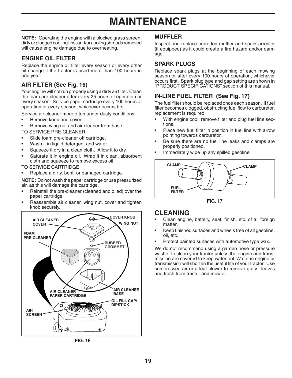 Maintenance, Cleaning | Poulan 184581 User Manual | Page 19 / 48