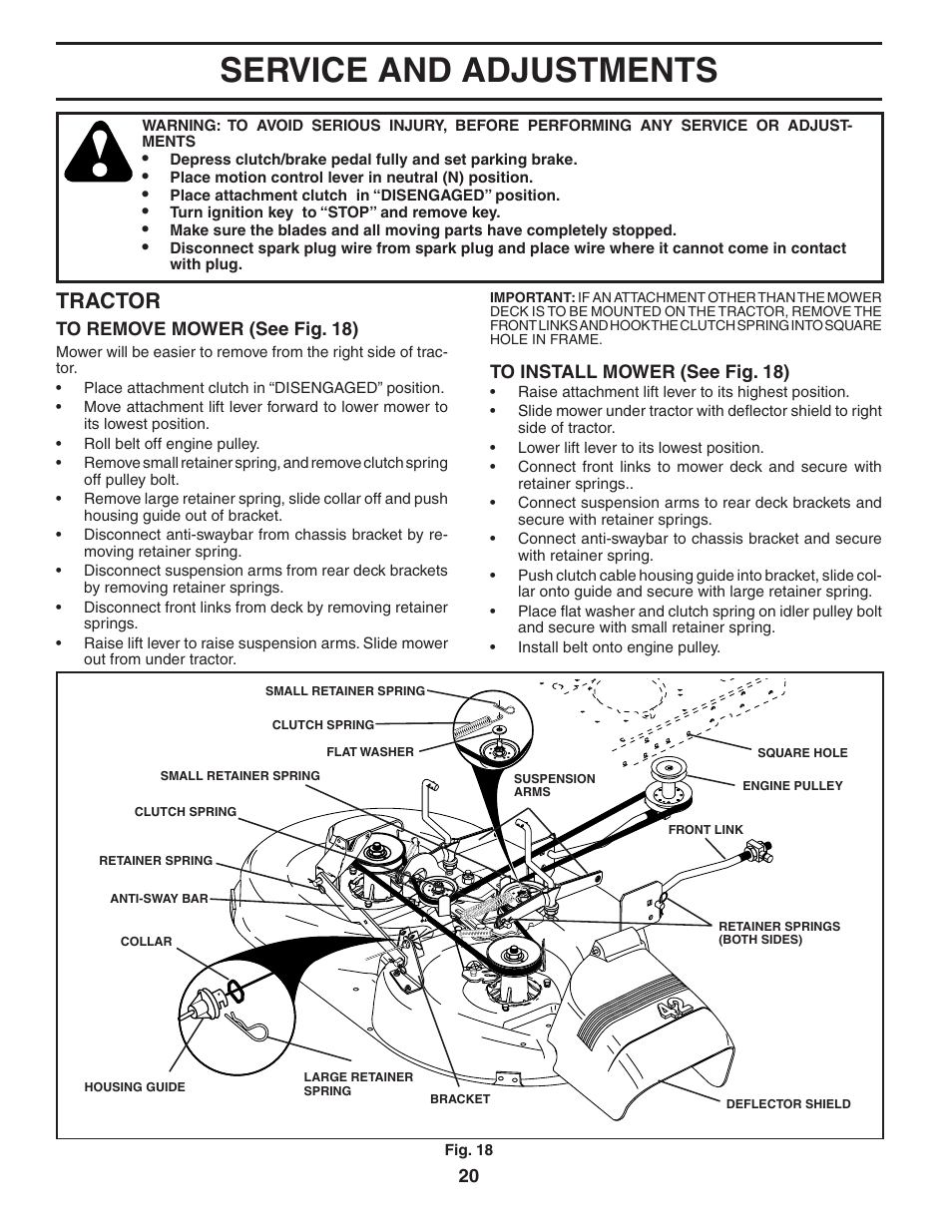 Service and adjustments, Tractor | Poulan 184581 User Manual | Page 20 / 48