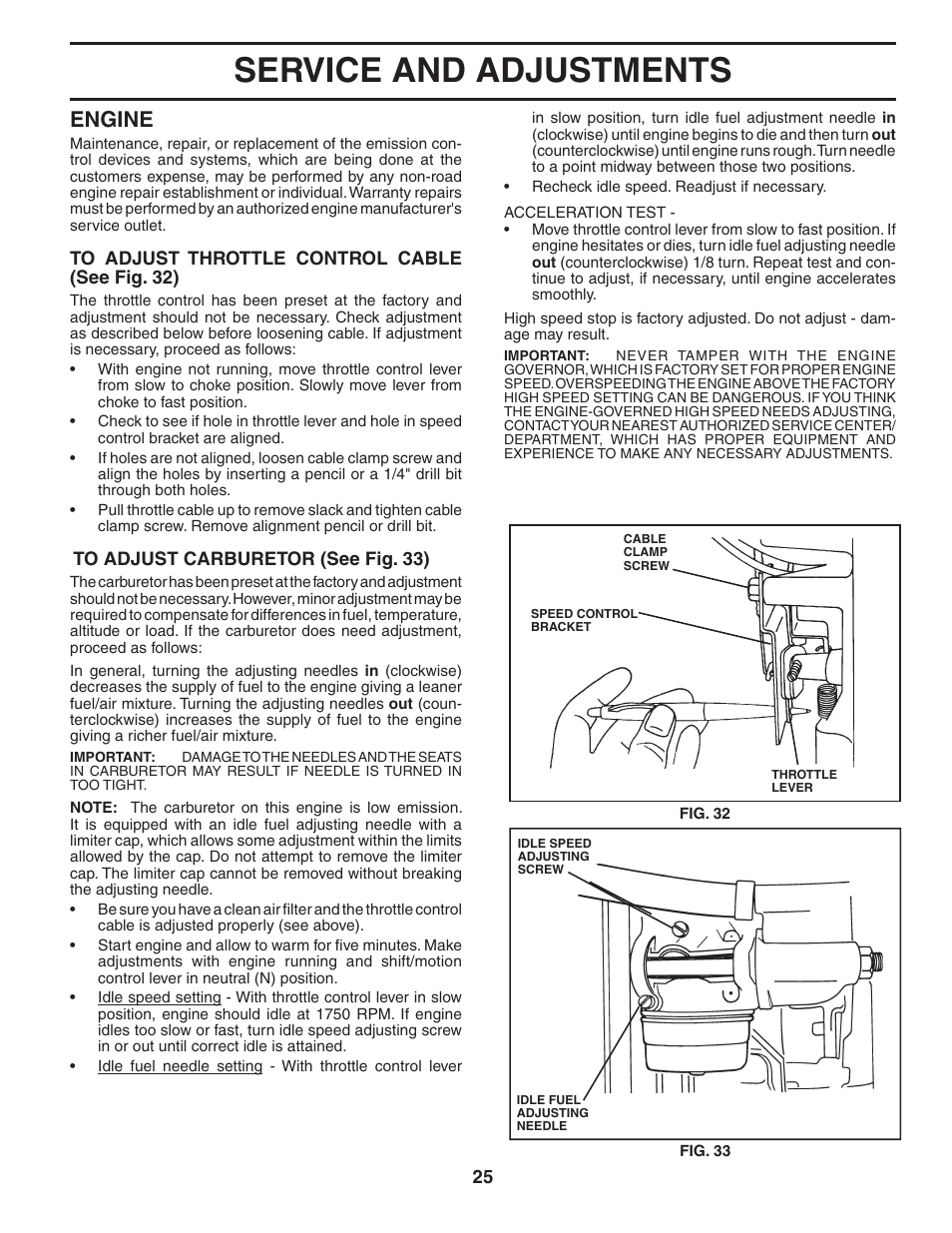 Service and adjustments, Engine | Poulan 184581 User Manual | Page 25 / 48