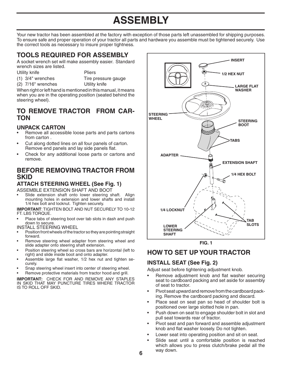 Assembly, How to set up your tractor, Tools required for assembly | Before removing tractor from skid | Poulan 184581 User Manual | Page 6 / 48