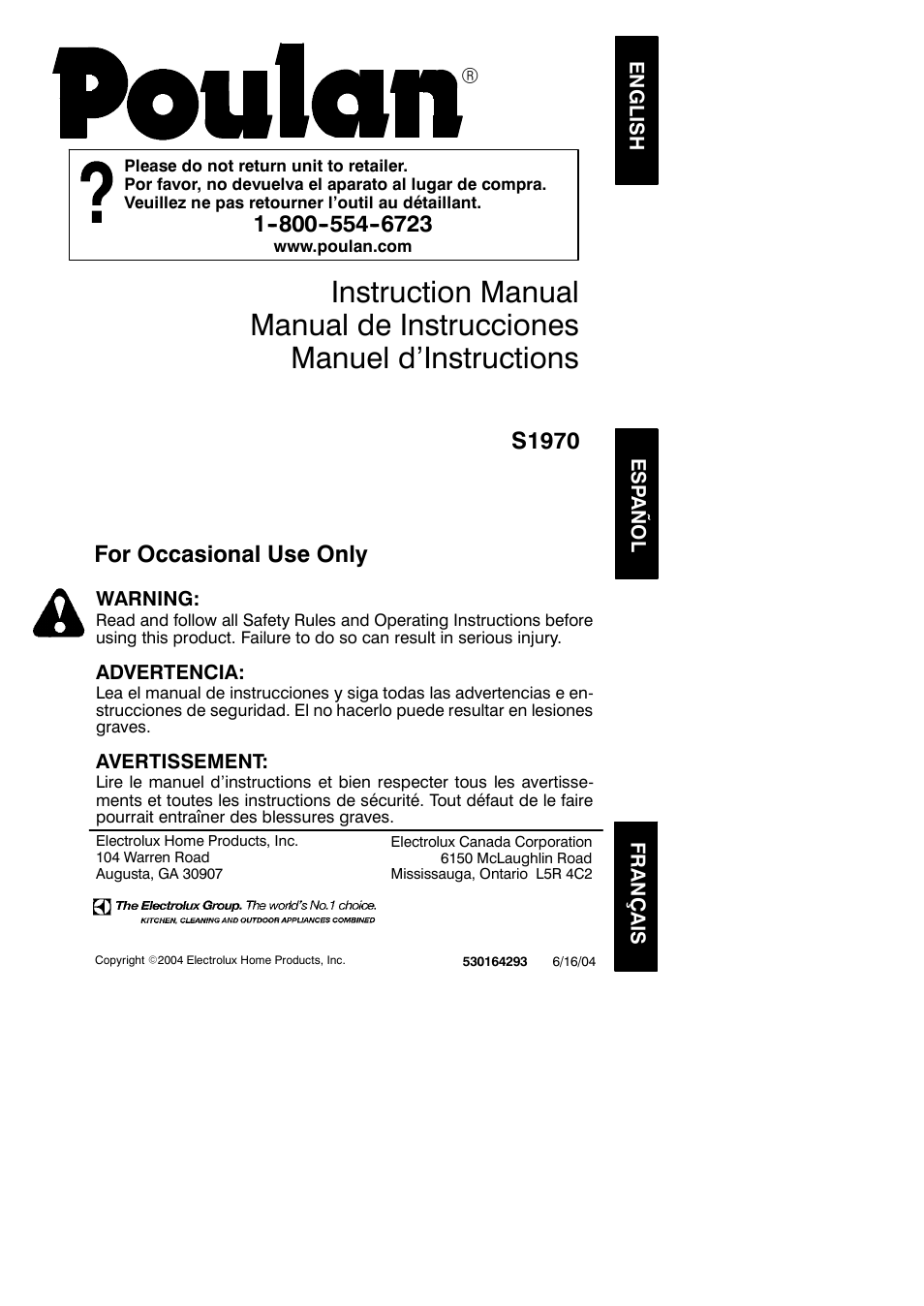 Poulan 530164293 User Manual | 19 pages