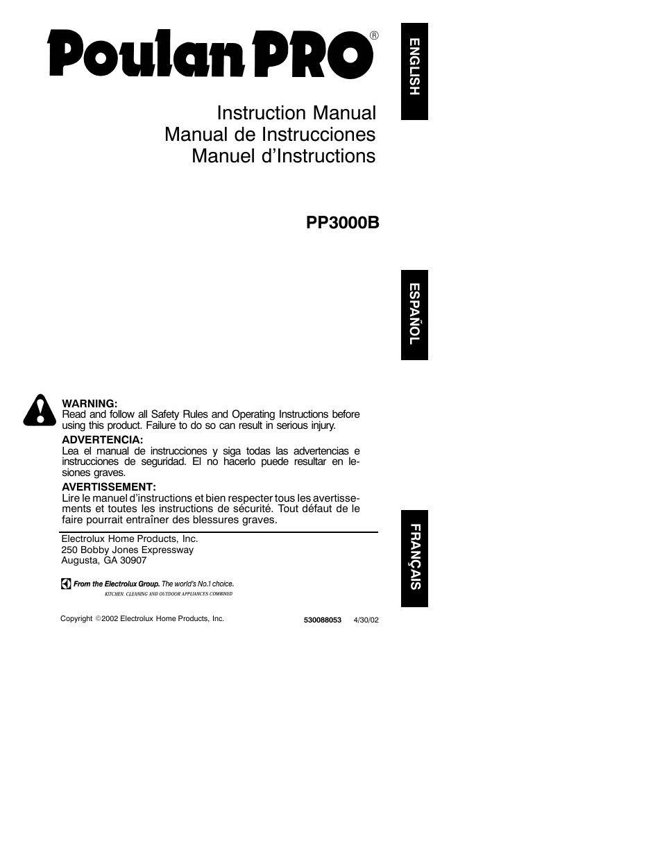 Poulan Pro PP3000B User Manual | 6 pages