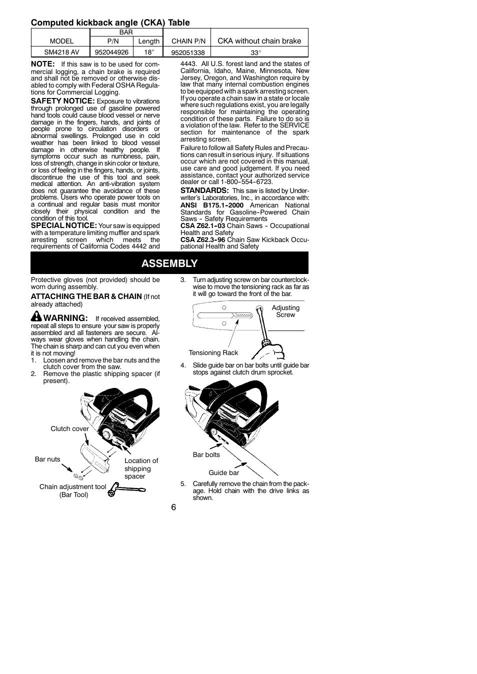 Assembly, 6computed kickback angle (cka) table, Warning | Poulan Pro SM4218 AV User Manual | Page 6 / 19