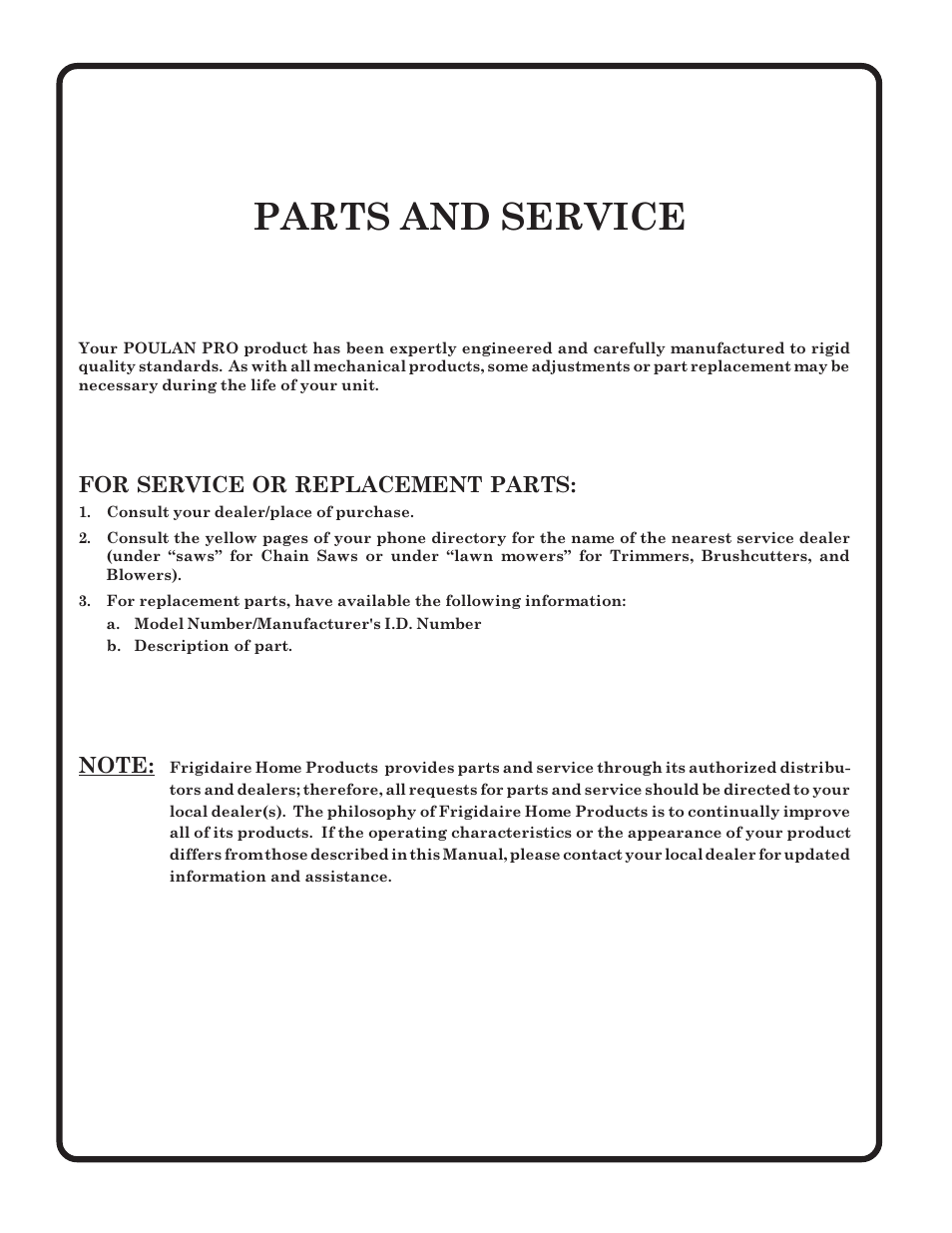 Parts and service | Poulan 173284 User Manual | Page 48 / 48