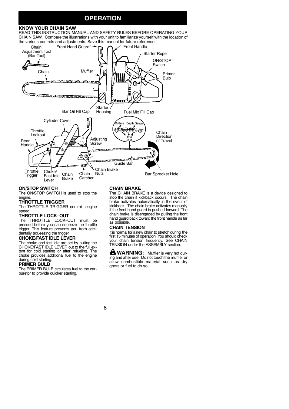 Operation, Warning | Poulan 1950 LE User Manual | Page 8 / 18