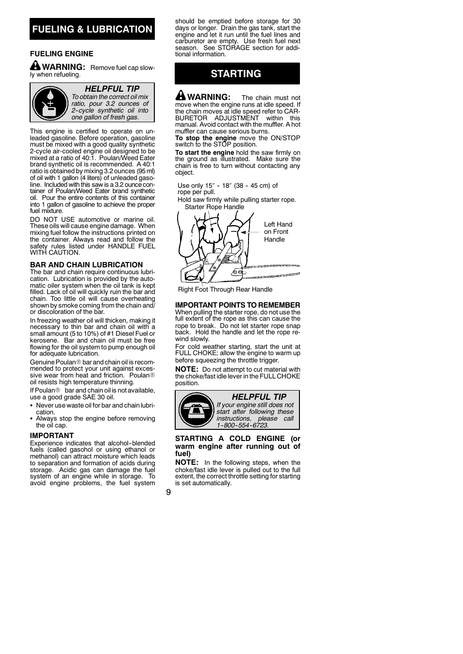 Starting, Fueling & lubrication, Warning | Helpful tip | Poulan 1950 LE User Manual | Page 9 / 18