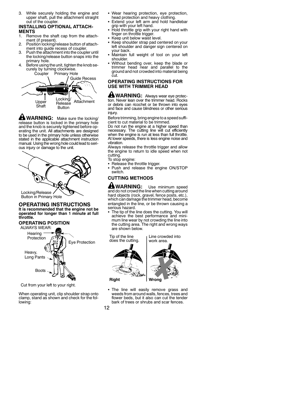 Warning, Operating instructions | Poulan 545186843 User Manual | Page 12 / 22