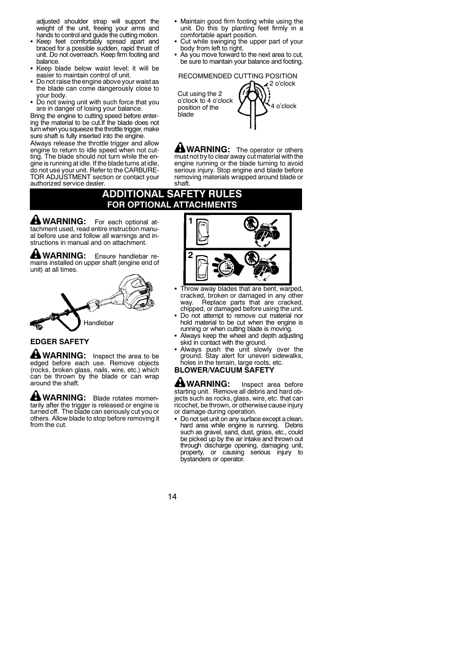 Additional safety rules, Warning, For optional attachments warning | Poulan 545186843 User Manual | Page 14 / 22