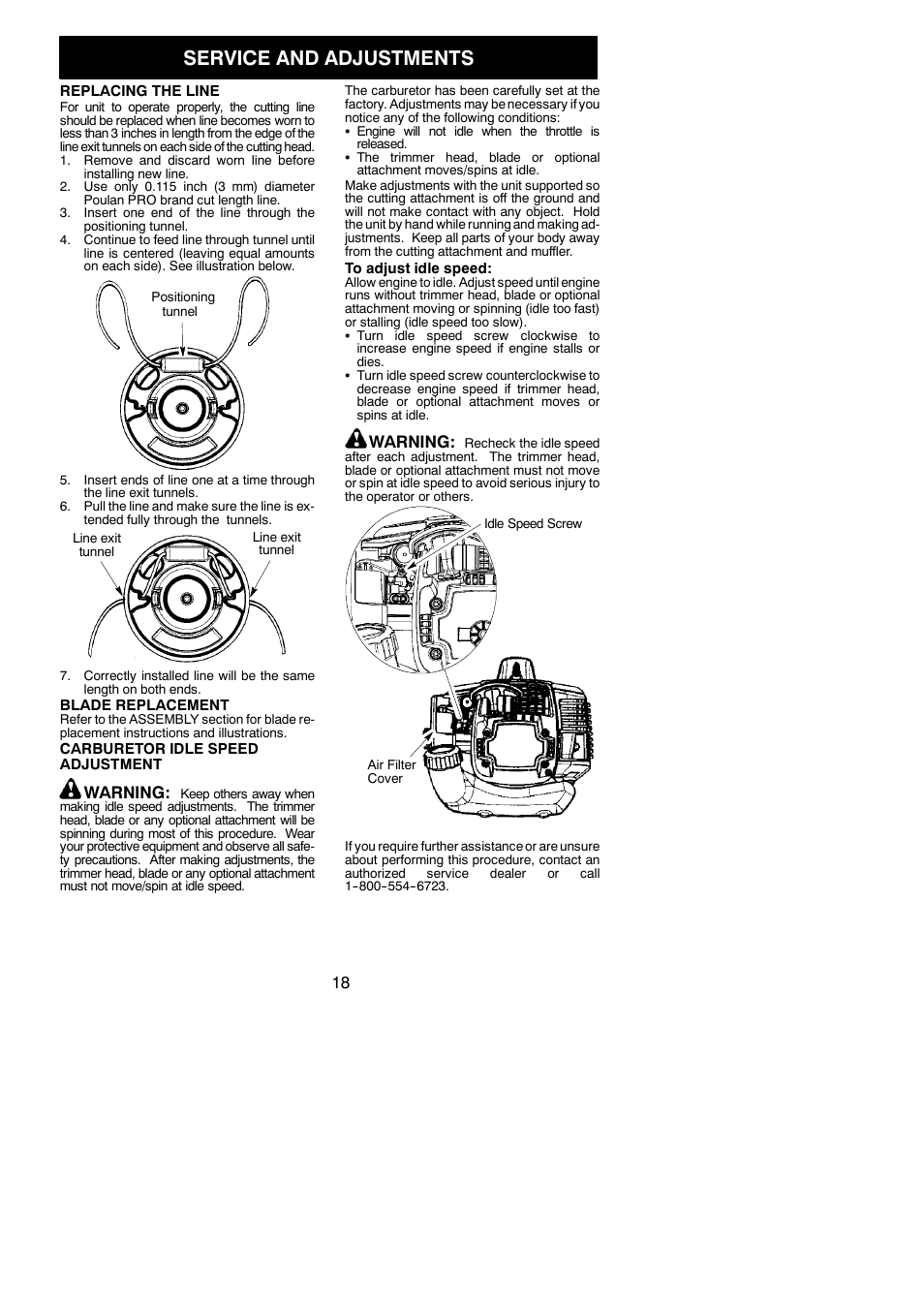 Service and adjustments, Warning | Poulan 545186843 User Manual | Page 18 / 22