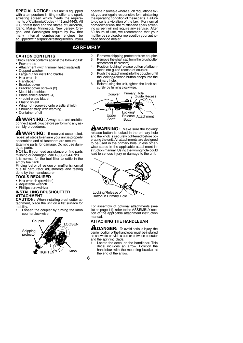 Assembly, Warning, Danger | Poulan 545186843 User Manual | Page 6 / 22