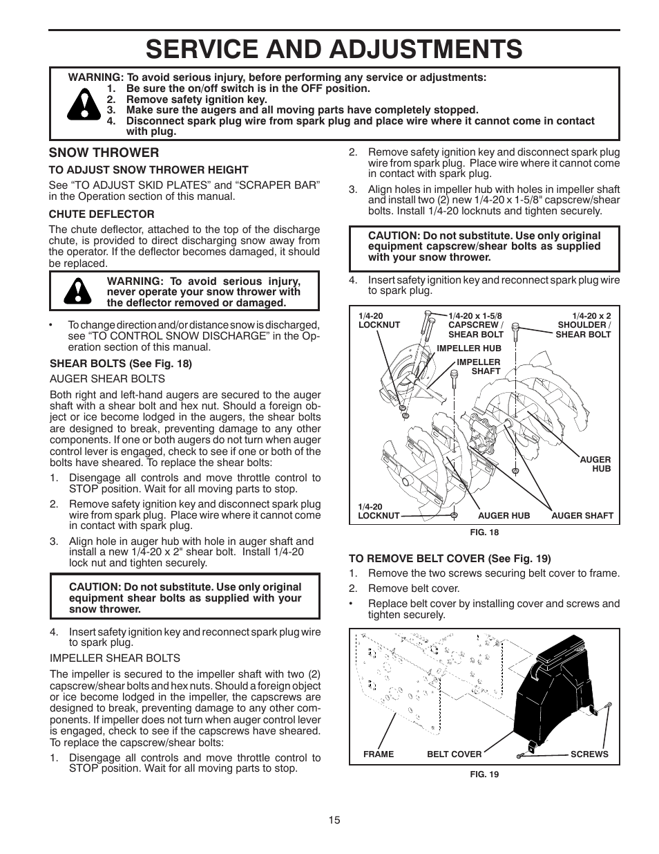 Service and adjustments, Snow thrower | Poulan XT 96192004500 User Manual | Page 15 / 40