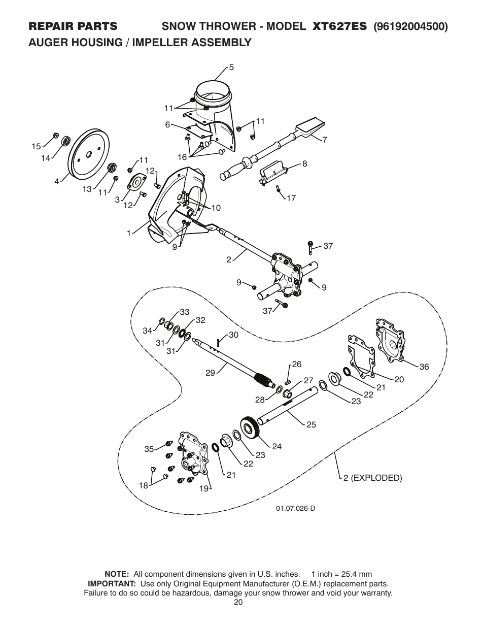 Repair parts, Auger housing / impeller assembly | Poulan XT 96192004500 User Manual | Page 20 / 40