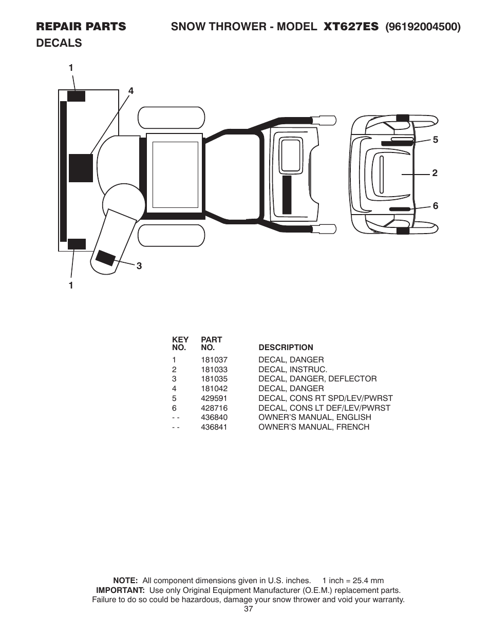 Decals | Poulan XT 96192004500 User Manual | Page 37 / 40