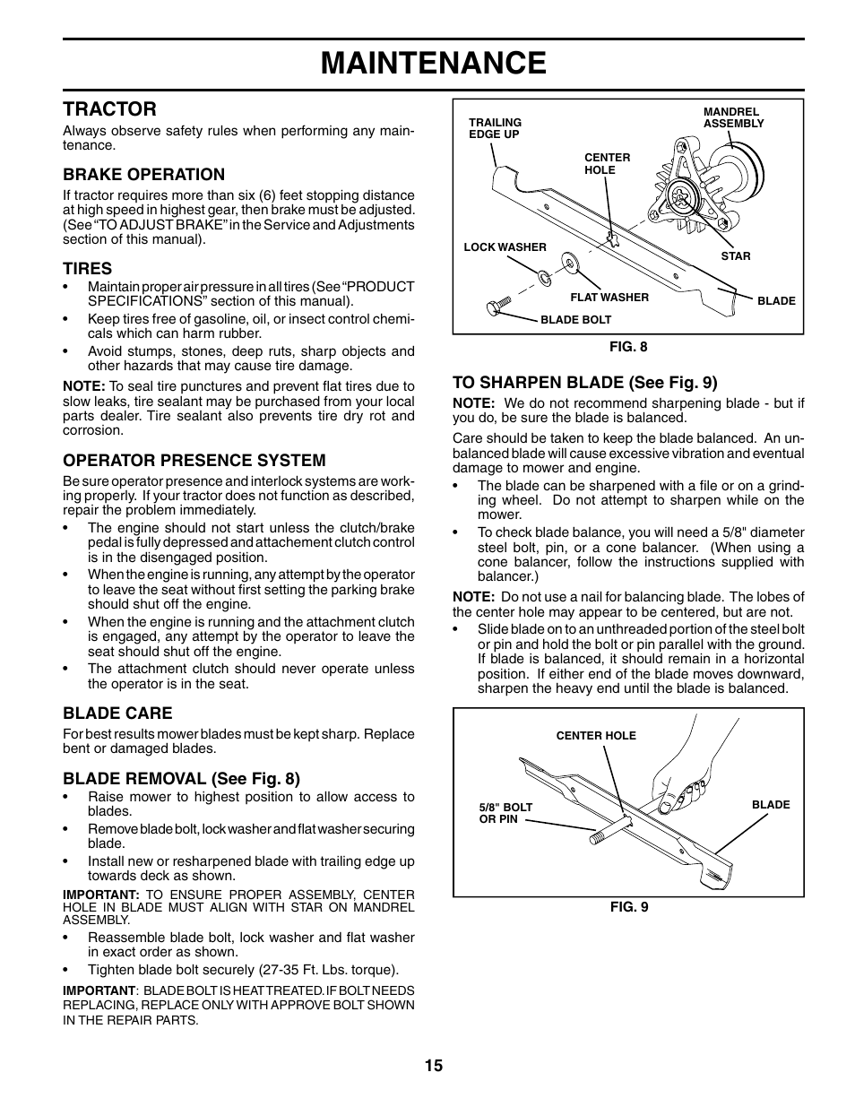 Maintenance, Tractor | Poulan 191713 User Manual | Page 15 / 29