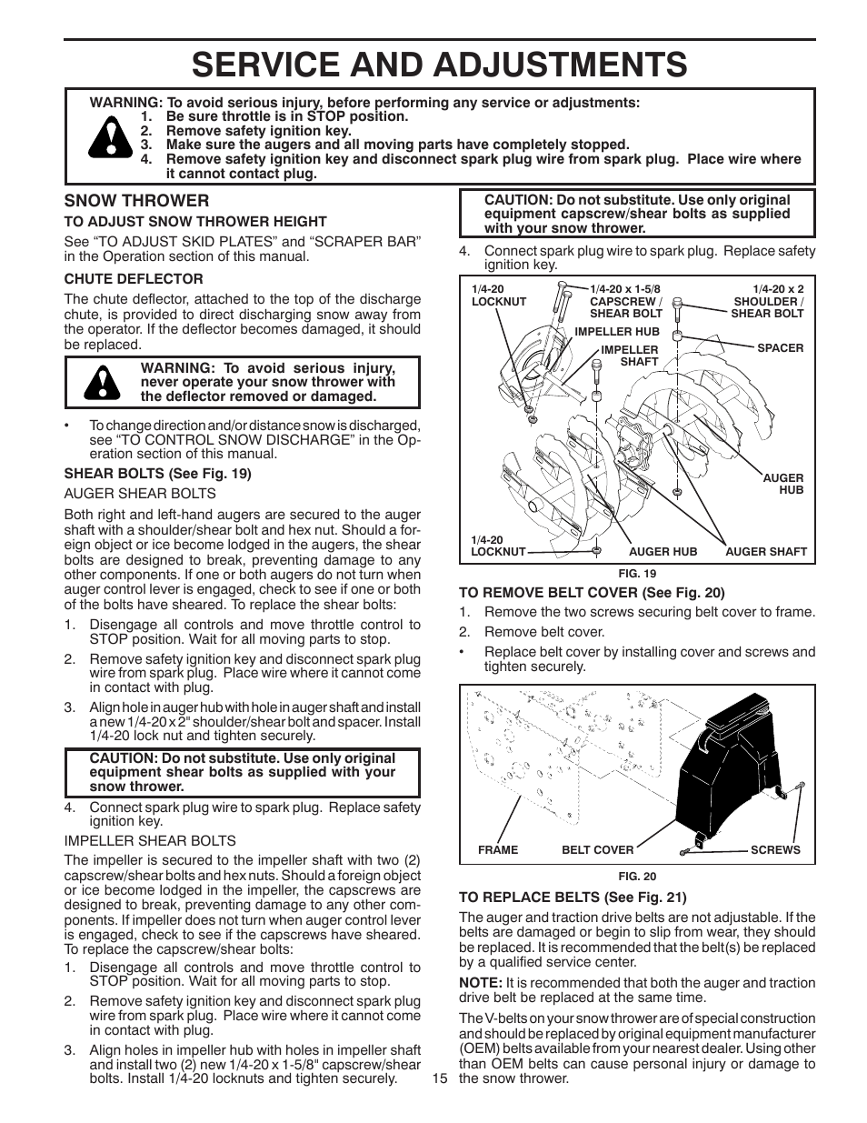 Service and adjustments, Snow thrower | Poulan 419002 User Manual | Page 15 / 32