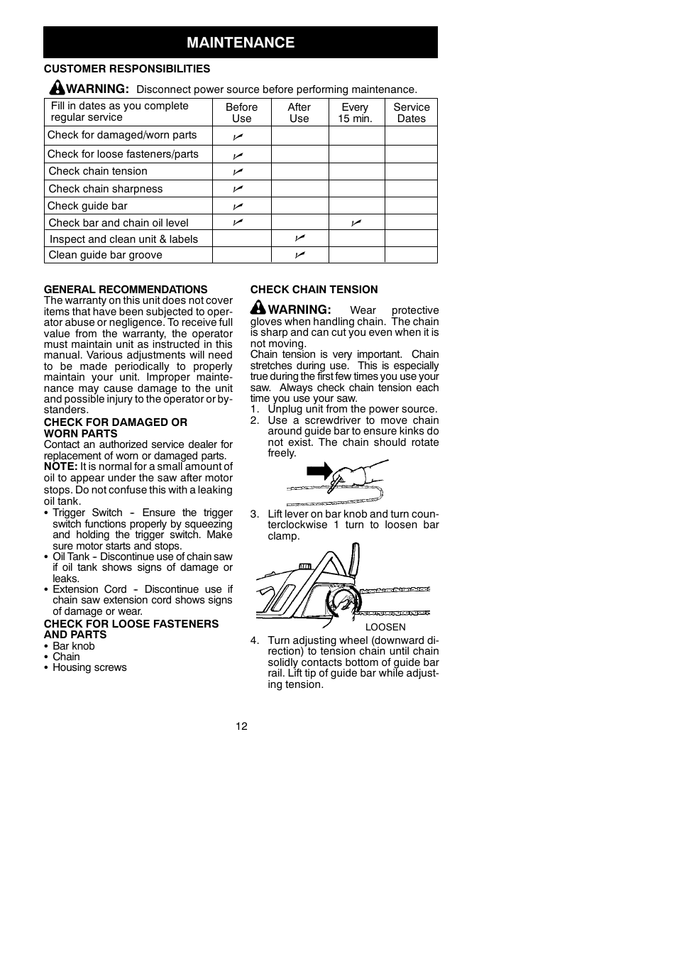 Maintenance | Poulan 966432901 User Manual | Page 12 / 18