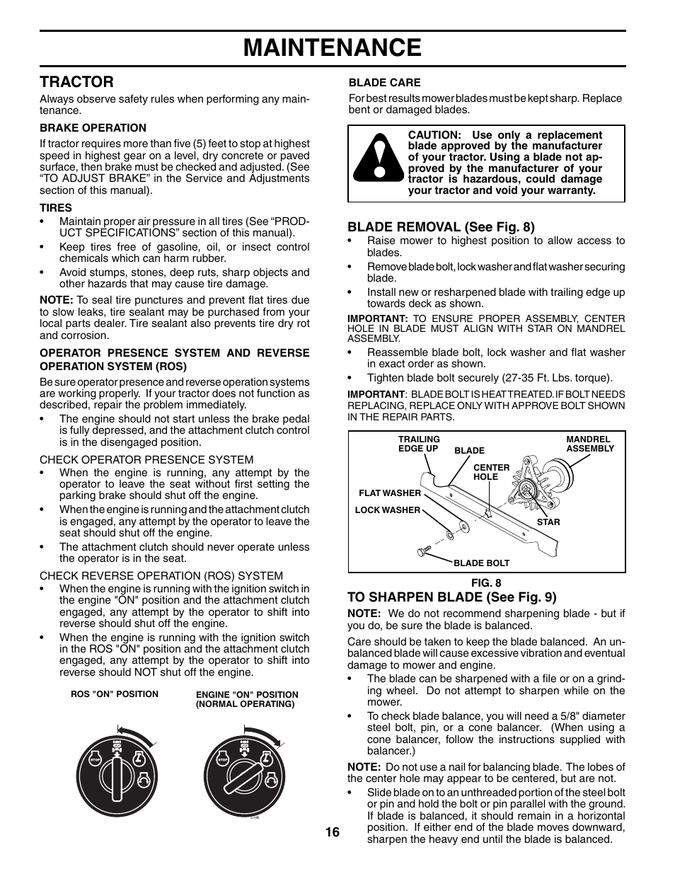 Maintenance, Tractor | Poulan 195506 User Manual | Page 16 / 30