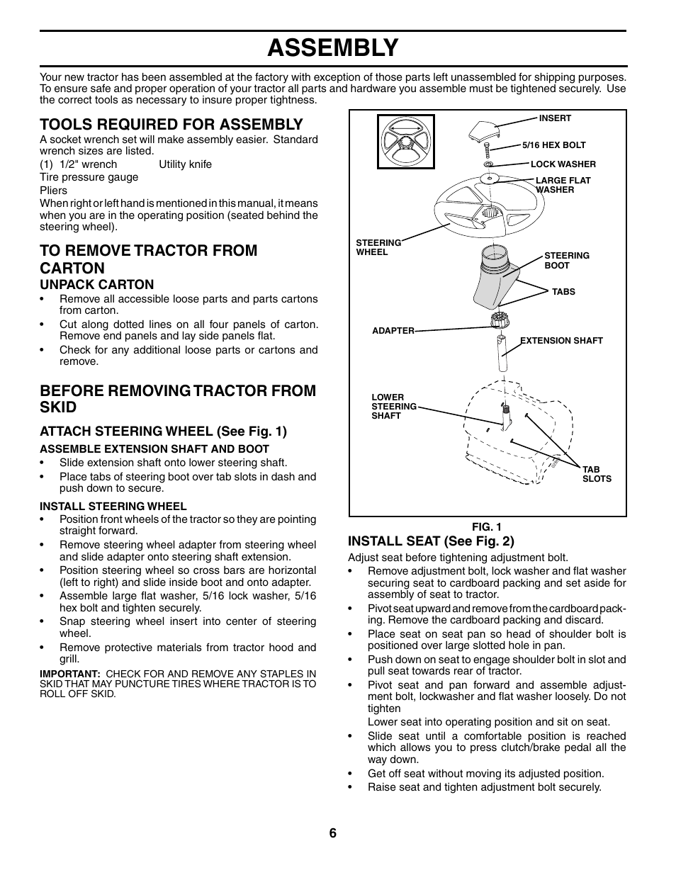 Assembly, Tools required for assembly, Before removing tractor from skid | Poulan 195506 User Manual | Page 6 / 30