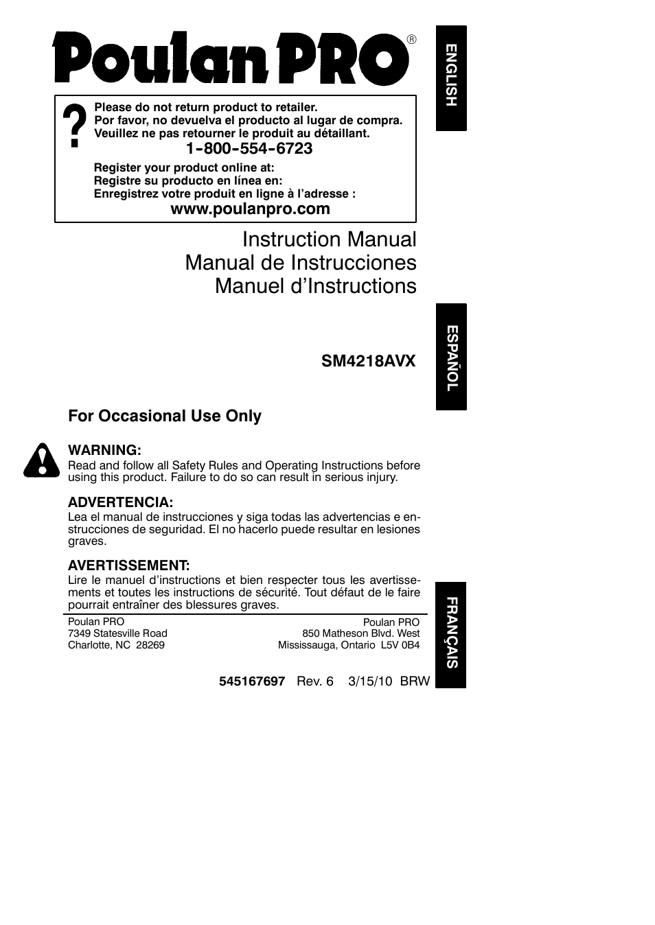 Poulan Pro SM4218AVX User Manual | 21 pages