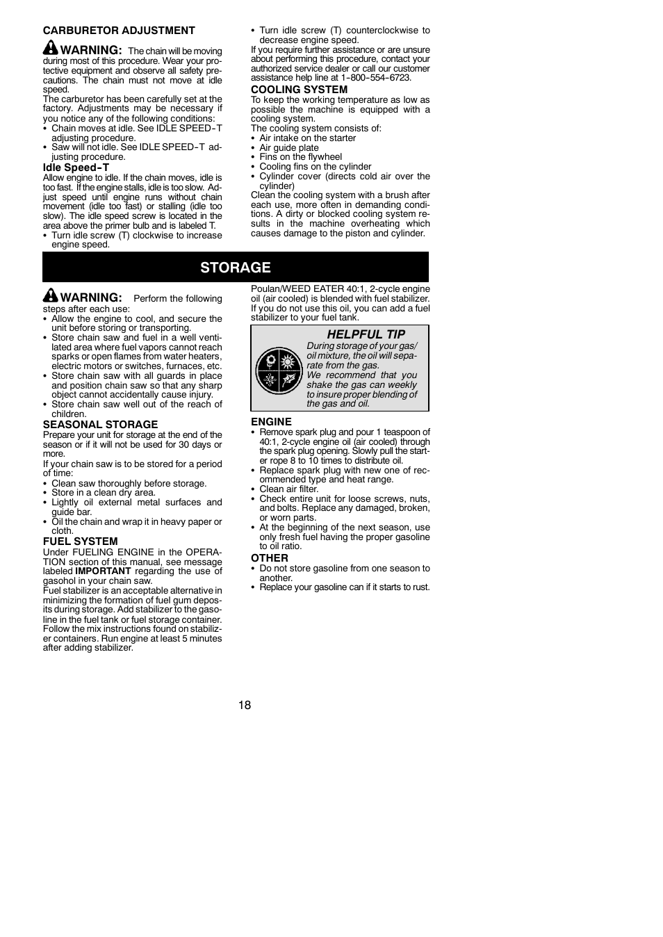 Storage, Warning, Helpful tip | Poulan Pro SM4218AVX User Manual | Page 18 / 21