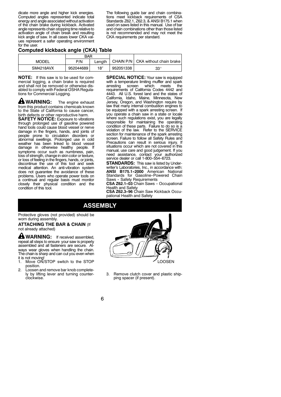 Assembly, Computed kickback angle (cka) table, Warning | Poulan Pro SM4218AVX User Manual | Page 6 / 21