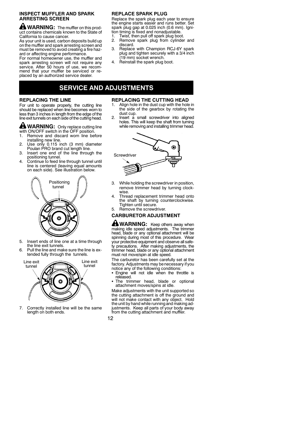Service and adjustments, Warning | Poulan Pro SM705 User Manual | Page 12 / 16